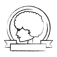 emblem with profile of a woman and decorative ribbon over white background, vector illustration