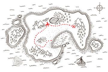 Ancient pirate map with red path to treasure on white