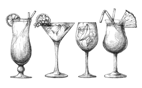 Set of different glasses, different cocktails. Vector illustration of a sketch style