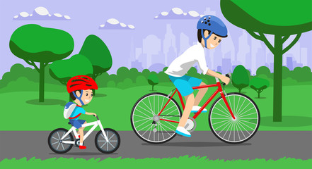 Father and son riding bikes in town park. Vector illustration