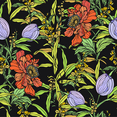 Seamless pattern with flowers poppy and tulips