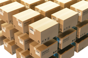 Cardboard Package and Label,3d cardboard boxes float in the air,The concept of express logistics.