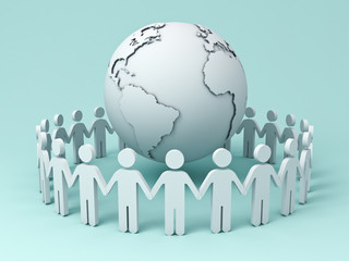 People Holding Hands Around Globe on blue background . 3D rendering.