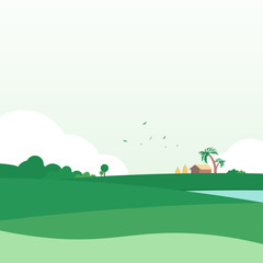 Nature Landscape Green Water Trees House Forest Grass Fields Vector Beautiful Background Illustration