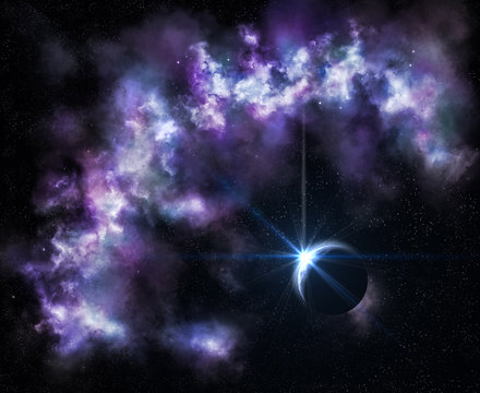 space landscape, the sunrise of the star above the planet, the nebula and the planet,
3D rendering
