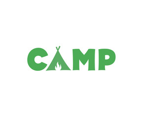 Camp vector sign. Camping logo design with tent and fire