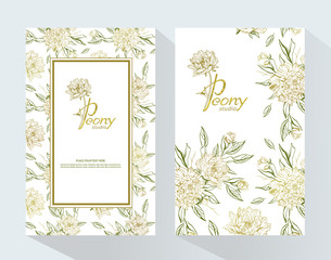 Peony logo.  Vector Brochure flyer design template with monogram letter P and gold peony  flowers on white background. Romantic design for natural cosmetics, perfume, women products. Peony studio.
