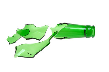 broken bottle of green, broken glass on white background