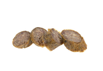 homemade sausage sliced on white background