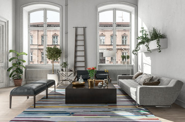 Modern rustic living room interior. 3d Rendering