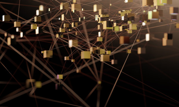 Concepto de redes de datos y sistema de redes.Ingenieria de programacion e internet.Estructura de cubos y lineas de conexion sobre fondo negro