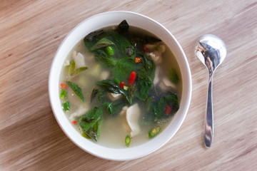 Top view of Hot and Spicy Soup with Pork Ribs.