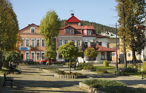 Main square in Ustrzyki Dolne. Poland