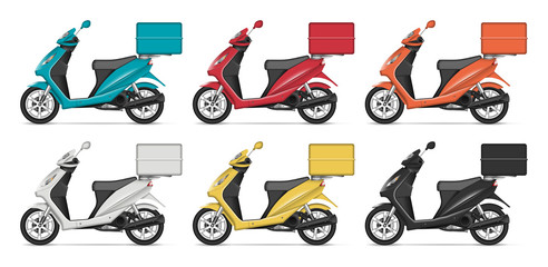 Delivery scooter vector mockup with left side view. Isolated template of motorcycle on white background for vehicle branding, corporate identity. All elements in the groups on separate layers.