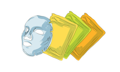 cloth mask cosmetics, sketch of cosmetics, how to apply facial cosmetic mask line color icons set