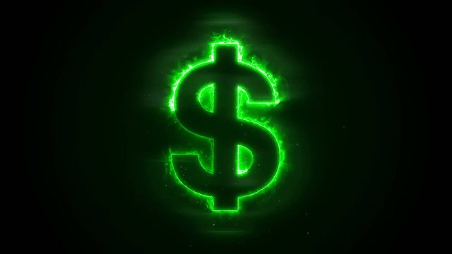 Seamless animation of burning a dollar on a black background with a green flame