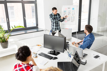 business, technology and people concept - man showing smart watch to creative team at office presentation