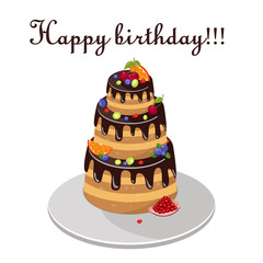 Cake with fresh berries and chocolate isolated on white background. Vector illustration