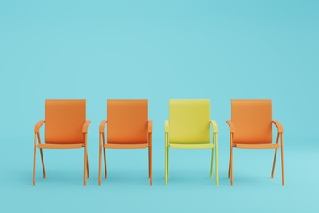 Orange and yellow chair in blue room, pastel color style. Minimal style concept.