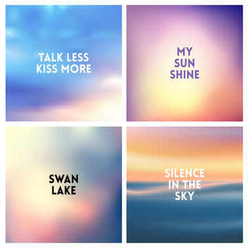 Abstract vector beach blurred background set. 4 colors set. Square blurred sea backgrounds set - sky clouds sea ocean beach colors With love quotes