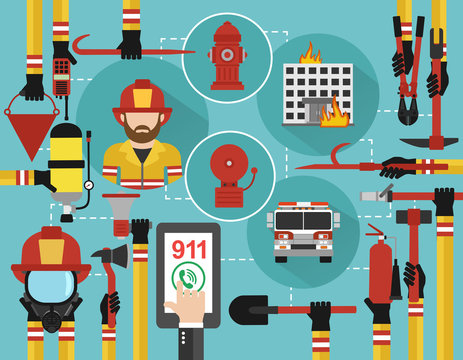Fire Fighting infographic flat design with firefighter and fire engine.Vector illustration