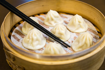 Chinese steamed dumplings in a steamer