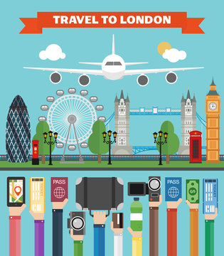London travel design flat with plane.Vector illustration