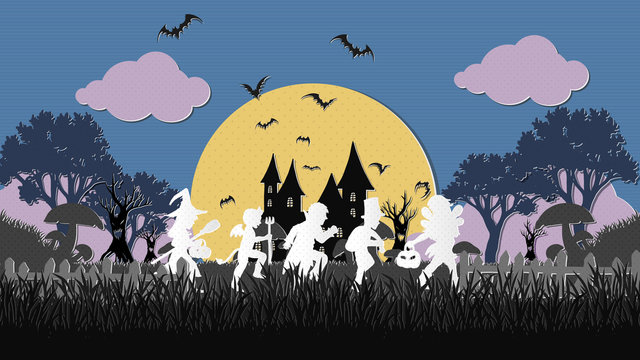 A Group Of Kids Are Running Happily On Halloween Night.Halloween Background From Vector