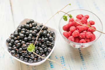Berries of raspberries and black currants. Fresh summer berries in plates.