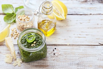 Pesto.Traditional italian homemade pesto dip. Selective focus