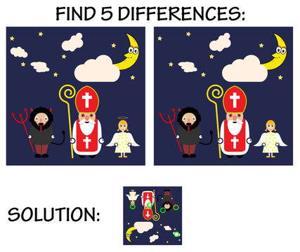 Child game - find 5 differences in pictures, with solution, Cute cartoon greeting card with Saint Nicholas, angel and devil cha.