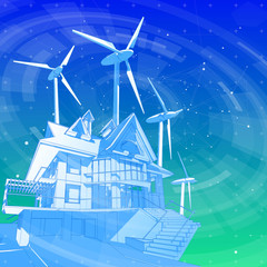 A modern house and windmills on a blue background surrounded by digital networks: an illustration of a smart eco-friendly home - the concept of modern information technology smart house or smart city