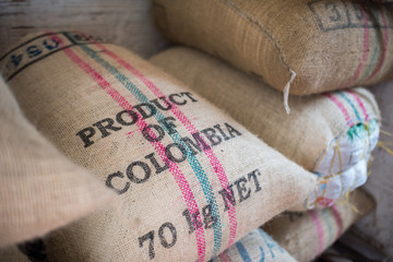 Product of Colombia, full coffee bags in storage
