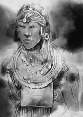 African. Portrait - An hand drawn, painted illustration. Black and White.