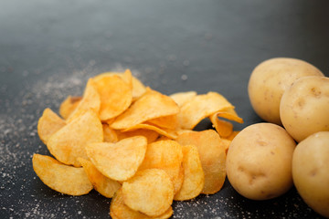 chips recipe. natural food. fried crisps and fresh potatoes on dark background