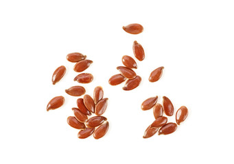 Flax seeds on white background, top view.