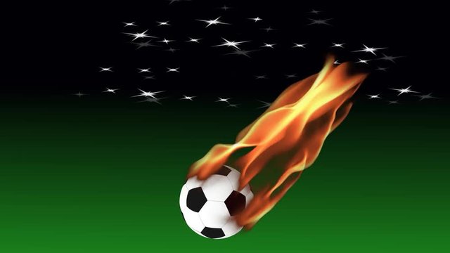 Burning soccer ball is slowly flying on background