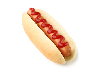 Hot dog with ketchup isolated on white background