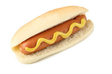 Hot dog with mustard isolated on white background