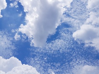 Naklejka na ściany i meble Full frame background of white fluffy cirrocumulus clouds with blue skies on Summer's day 