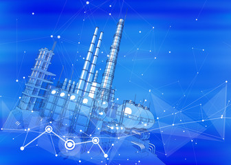 fmodern chemical manufacturing plant on a blue technological background with a stylized digital wave - the concept of modern technology, the new industrial revolution & information technology / vector