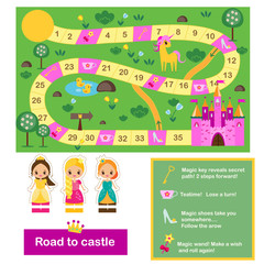 Board game for kids. Actvity for girls. Fairy tales theme, help princeess find way to castle