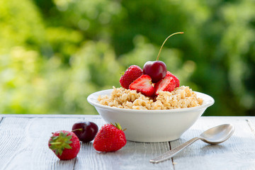 summer berry Breakfast with oatmeal in nature