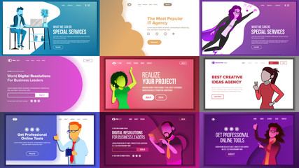 Main Web Page Set Design Vector. Website Business Reality. Landing Template. Creative Project. Information Tools. Financial Mining. Partner Option. Illustration