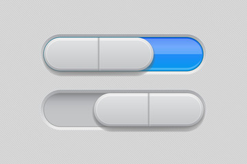On and Off toggle switch buttons. Slider gray and blue 3d icons