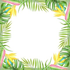 Obraz premium drawing watercolor decorative frame of tropical plants, leaves and flowers