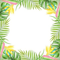 Fototapeta na wymiar drawing watercolor decorative frame of tropical plants, leaves and flowers