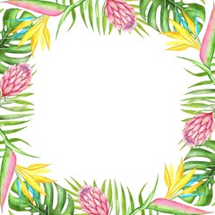 Fototapeta na wymiar drawing watercolor decorative frame of tropical plants, leaves and flowers
