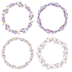 Set of wreath of wild flowers with leaves. A floral round frame with a place for your text.