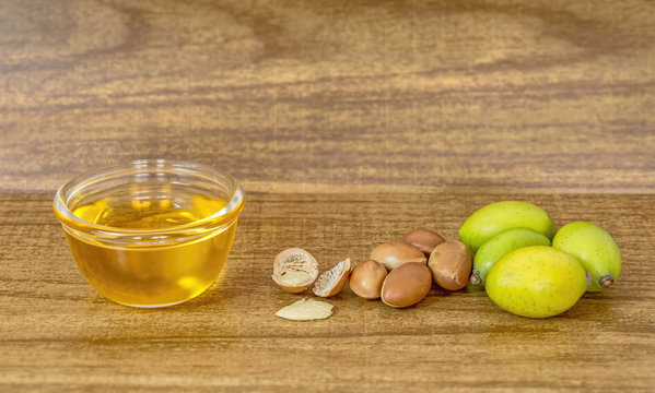 Seeds of Ripe fruit of argania used to make oil of Argan. Argania spinosa. Morocco